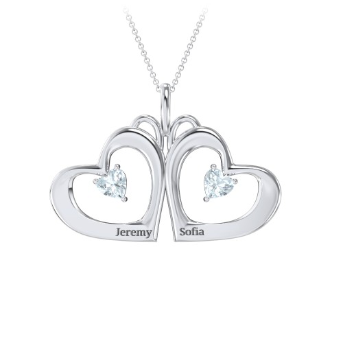 Gemini Touching Hearts Engraved 2 Stone Necklace – Sterling Silver with Aquamarine