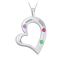Mi Familia Tilted Heart Pendant in 925 Sterling Silver with Amethyst, Cubic Zirconia, Ruby, and Emerald