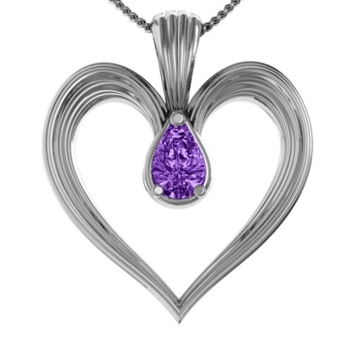 Fountain Heart Pendant with Pear Gemstone – Sterling Silver with Amethyst