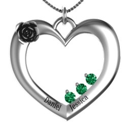 Corsage Rose Heart Pendant with Birthstones in 925 Sterling Silver with Emerald, Amethyst, Blue Sapphire, Ruby, and Cubic Zirconia