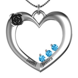 Corsage Rose Heart Pendant with Birthstones in 925 Sterling Silver with Blue Topaz, Amethyst, Blue Sapphire, Emerald, Ruby, and Cubic Zirconia