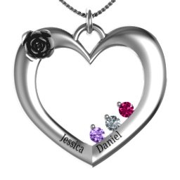 Corsage Rose Heart Pendant with Birthstones in 925 Sterling Silver with Amethyst, Cubic Zirconia, Ruby, Blue Sapphire, and Emerald
