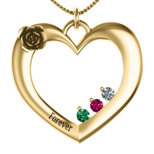 Corsage Rose Heart Pendant with Birthstones – 10K Yellow Gold with Emerald, Ruby, and Cubic Zirconia