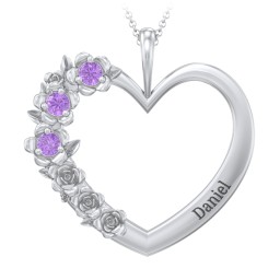 Clustered Rose and Gemstone Heart Pendant in 925 Sterling Silver with Amethyst