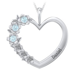 Clustered Rose and Gemstone Heart Pendant in 925 Sterling Silver with Blue Topaz