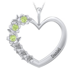 Clustered Rose and Gemstone Heart Pendant in 925 Sterling Silver with Peridot