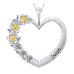 Clustered Rose and Gemstone Heart Pendant in 925 Sterling Silver with Citrine