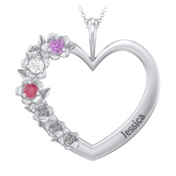 Clustered Rose and Gemstone Heart Pendant in 925 Sterling Silver with Amethyst, Cubic Zirconia, and Ruby