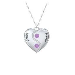 Engraved Yin Yang Heart Pendant with Birthstones in 925 Sterling Silver with Amethyst