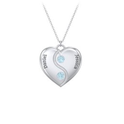 Engraved Yin Yang Heart Pendant with Birthstones in 925 Sterling Silver with Blue Topaz