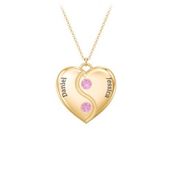 Engraved Yin Yang Heart Pendant with Birthstones in 10K Solid Yellow Gold with Pink Sapphire