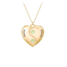 Engraved Yin Yang Heart Pendant with Birthstones in 10K Solid Yellow Gold with Peridot