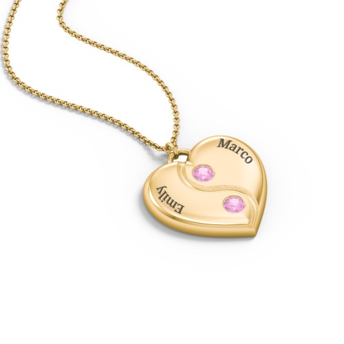 Engraved Yin Yang Heart Pendant with Birthstones – 10K Yellow Gold with Pink Sapphire