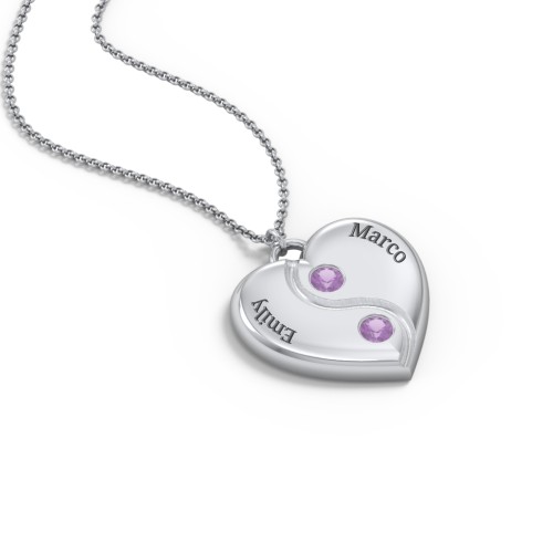 Engraved Yin Yang Heart Pendant with Birthstones – Sterling Silver with Amethyst