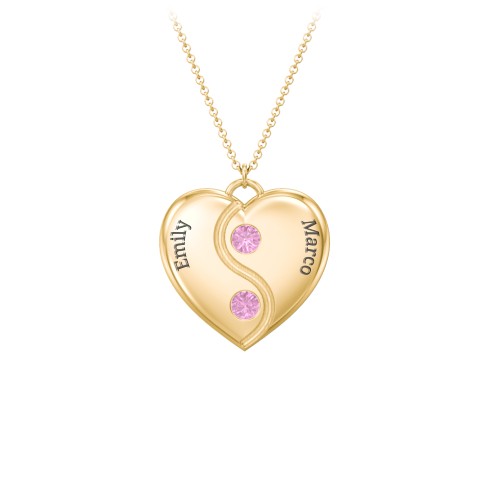Engraved Yin Yang Heart Pendant with Birthstones – 10K Yellow Gold with Pink Sapphire