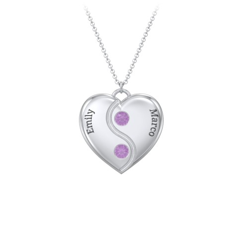 Engraved Yin Yang Heart Pendant with Birthstones – Sterling Silver with Amethyst