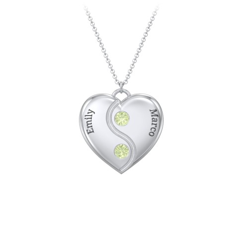Engraved Yin Yang Heart Pendant with Birthstones – Sterling Silver with Peridot