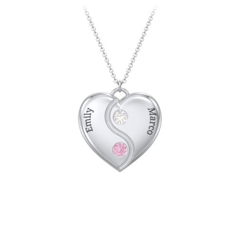 Engraved Yin Yang Heart Pendant with Birthstones