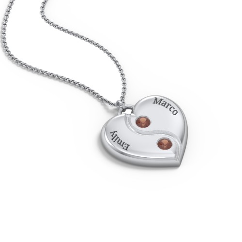 Engraved Yin Yang Heart Pendant with Birthstones – Sterling Silver with Garnet