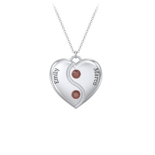 Engraved Yin Yang Heart Pendant with Birthstones – Sterling Silver with Garnet