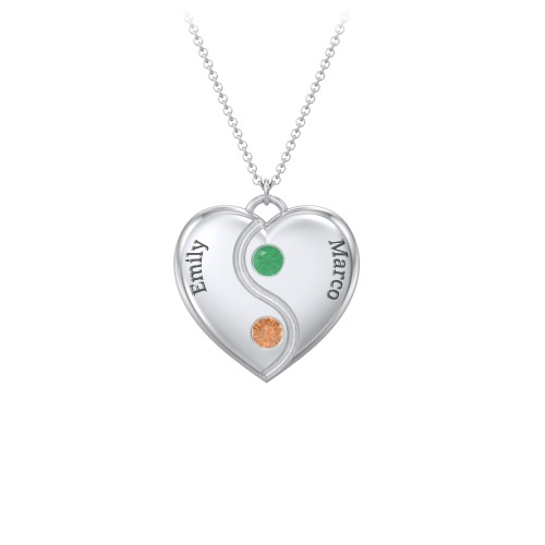 Engraved Yin Yang Heart Pendant with Birthstones – Sterling Silver with Emerald and Orange Sapphire