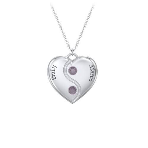 Engraved Yin Yang Heart Pendant with Birthstones – Sterling Silver with Alexandrite