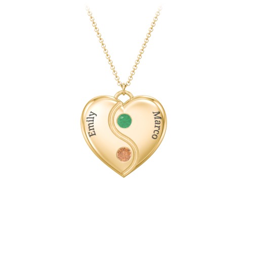 Engraved Yin Yang Heart Pendant with Birthstones – 10K Yellow Gold with Emerald and Orange Sapphire