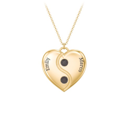 Engraved Yin Yang Heart Pendant with Birthstones – 10K Yellow Gold with Smokey Quartz