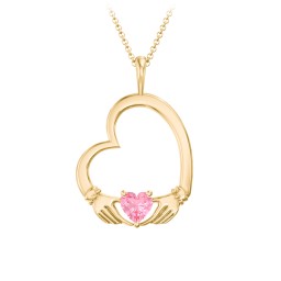 Tilted Heart Claddagh Pendant in 18K Gold Plated Silver with Pink Tourmaline