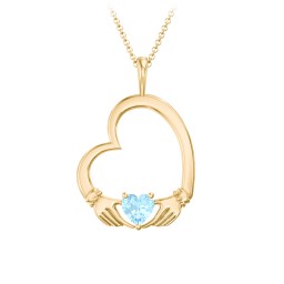 Tilted Heart Claddagh Pendant in 18K Gold Plated Silver with Blue Topaz