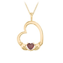 Tilted Heart Claddagh Pendant in 18K Gold Plated Silver with Garnet