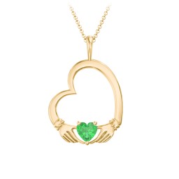 Tilted Heart Claddagh Pendant in 18K Gold Plated Silver with Emerald