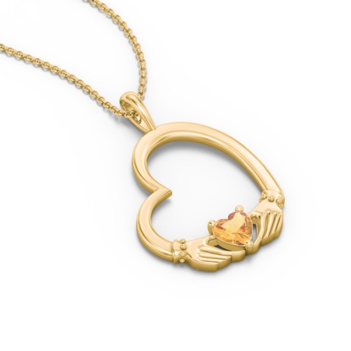 Tilted Heart Claddagh Pendant – 18K Gold Plated Silver with Citrine