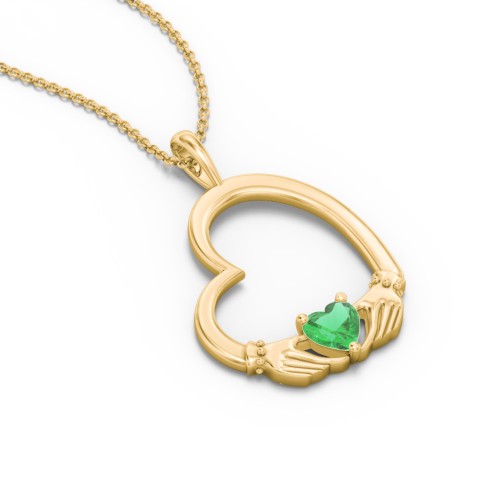Tilted Heart Claddagh Pendant – 18K Gold Plated Silver with Emerald