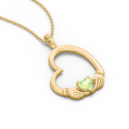 Tilted Heart Claddagh Pendant – 18K Gold Plated Silver with Peridot