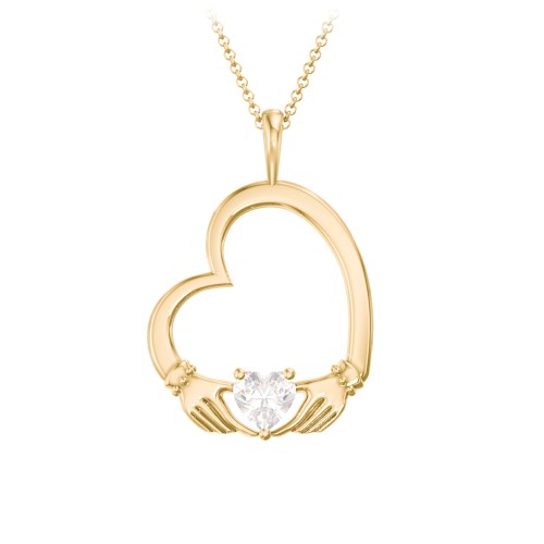 Tilted Heart Claddagh Pendant – 18K Gold Plated Silver with Diamond