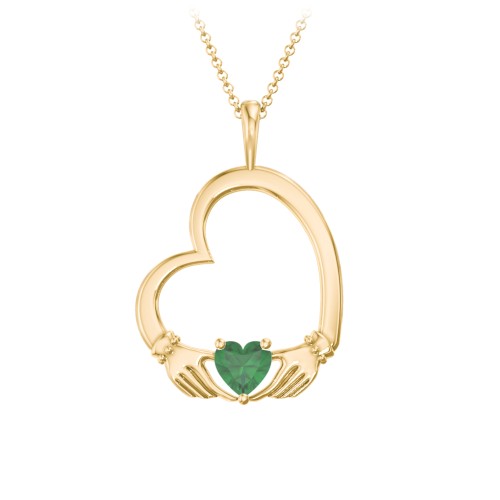 Tilted Heart Claddagh Pendant – 18K Gold Plated Silver with Emerald