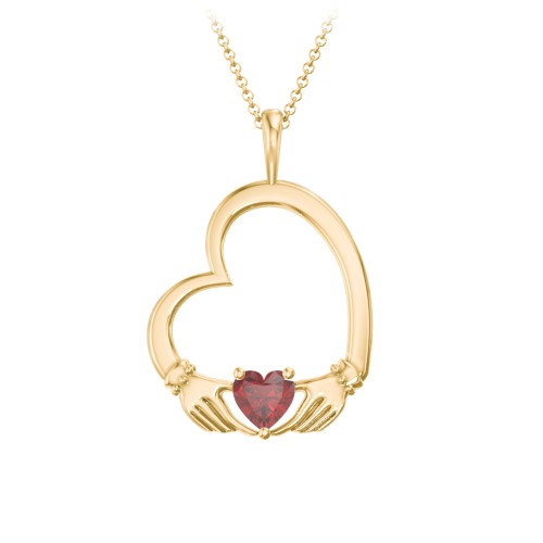Tilted Heart Claddagh Pendant – 18K Gold Plated Silver with Garnet