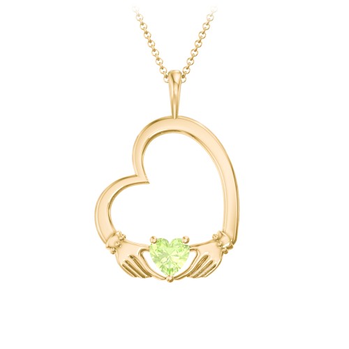 Tilted Heart Claddagh Pendant – 18K Gold Plated Silver with Peridot