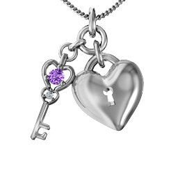 Treasured Heart with Key Pendant in 925 Sterling Silver with Amethyst