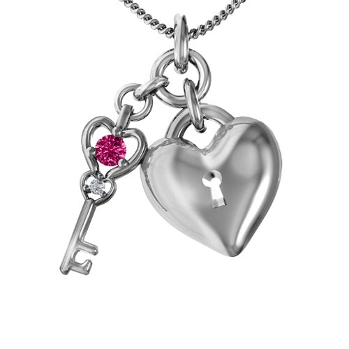 Treasured Heart with Key Pendant – Sterling Silver with Ruby and Cubic Zirconia