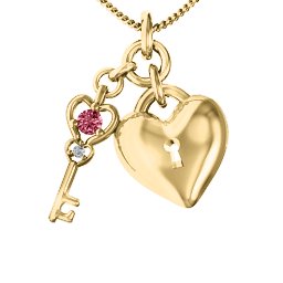 Treasured Heart with Key Pendant in 10K Solid Yellow Gold with Red Premium Zirconia