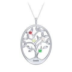 4-15 Stones Oval Family Tree Pendant – Sterling Silver with Garnet, Peridot, Cubic Zirconia, and Emerald