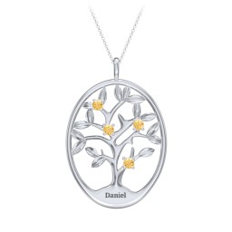 4-15 Stones Oval Family Tree Pendant in 925 Sterling Silver with Citrine, Peridot, Blue Sapphire, Smokey Quartz, Garnet, and Ruby