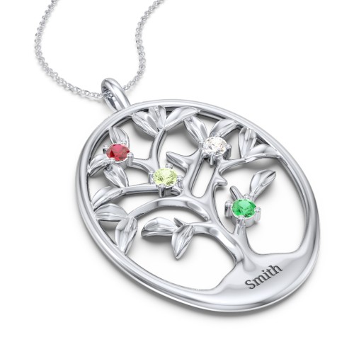 4-15 Stones Oval Family Tree Pendant – Sterling Silver with Garnet, Peridot, Cubic Zirconia, and Emerald