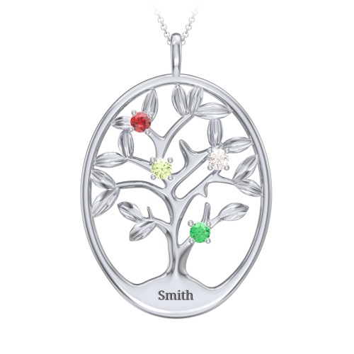 4-15 Stones Oval Family Tree Pendant – Sterling Silver with Garnet, Peridot, Cubic Zirconia, and Emerald