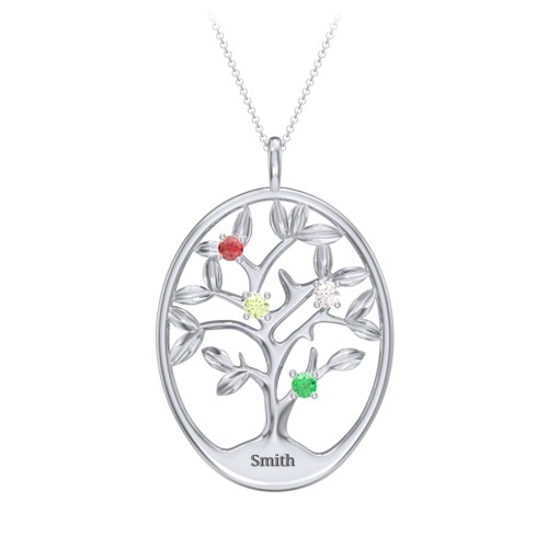 4-15 Stones Oval Family Tree Pendant – Sterling Silver with Garnet, Peridot, Cubic Zirconia, and Emerald