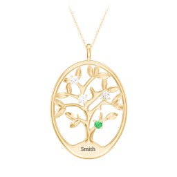 4-15 Stones Oval Family Tree Pendant in 10K Solid Yellow Gold with Diamond