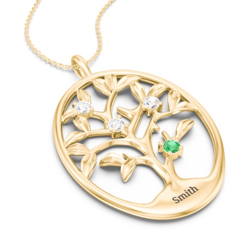 4-15 Stones Oval Family Tree Pendant – 10K Yellow Gold with Diamond, Cubic Zirconia, and Emerald