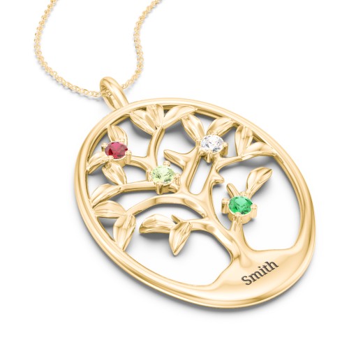 4-15 Stones Oval Family Tree Pendant – 10K Yellow Gold with Garnet, Peridot, Cubic Zirconia, and Emerald